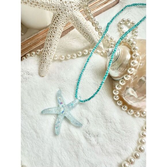 Aqua blue Starfish beaded pendant necklace ￼ - Picture 4 of 8